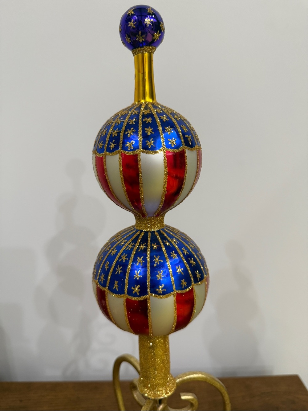 Christopher Radko Patriotic Blue Red White Gold Double-Ball Finial - Exclusive.